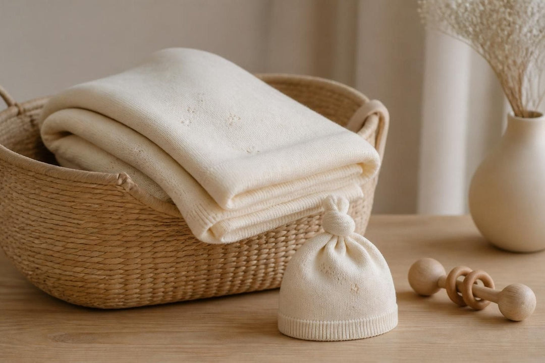 A nursery corner with a folded blanket and knitted hat