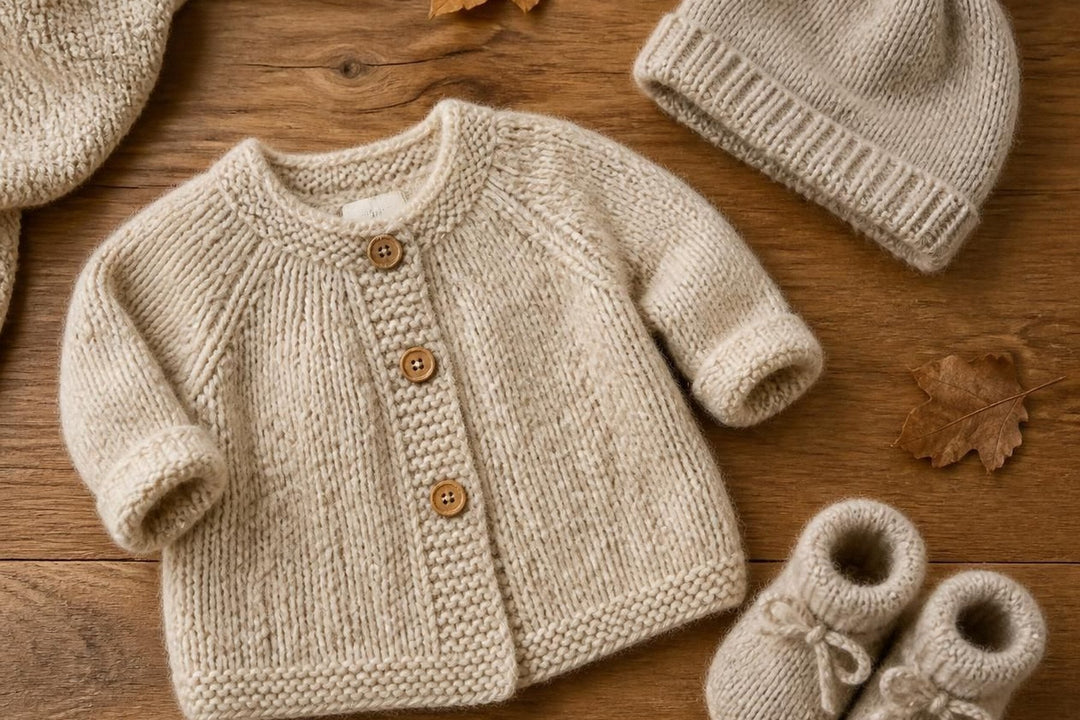A knitted baby cardigan, hat and booties