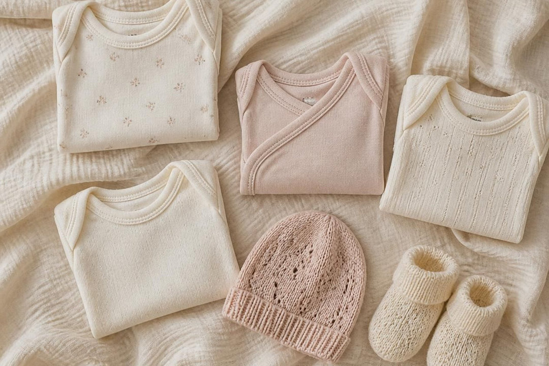 Tiny folded newborn clothes on soft muslin