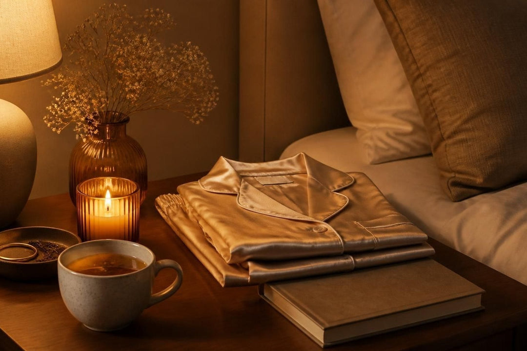 A bedside scene with candle, tea and folded sleepwear