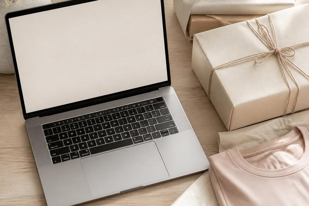A laptop beside wrapped parcels and a folded garment