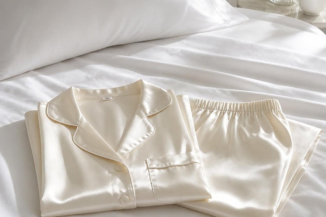 A folded satin pyjama set on white bedding