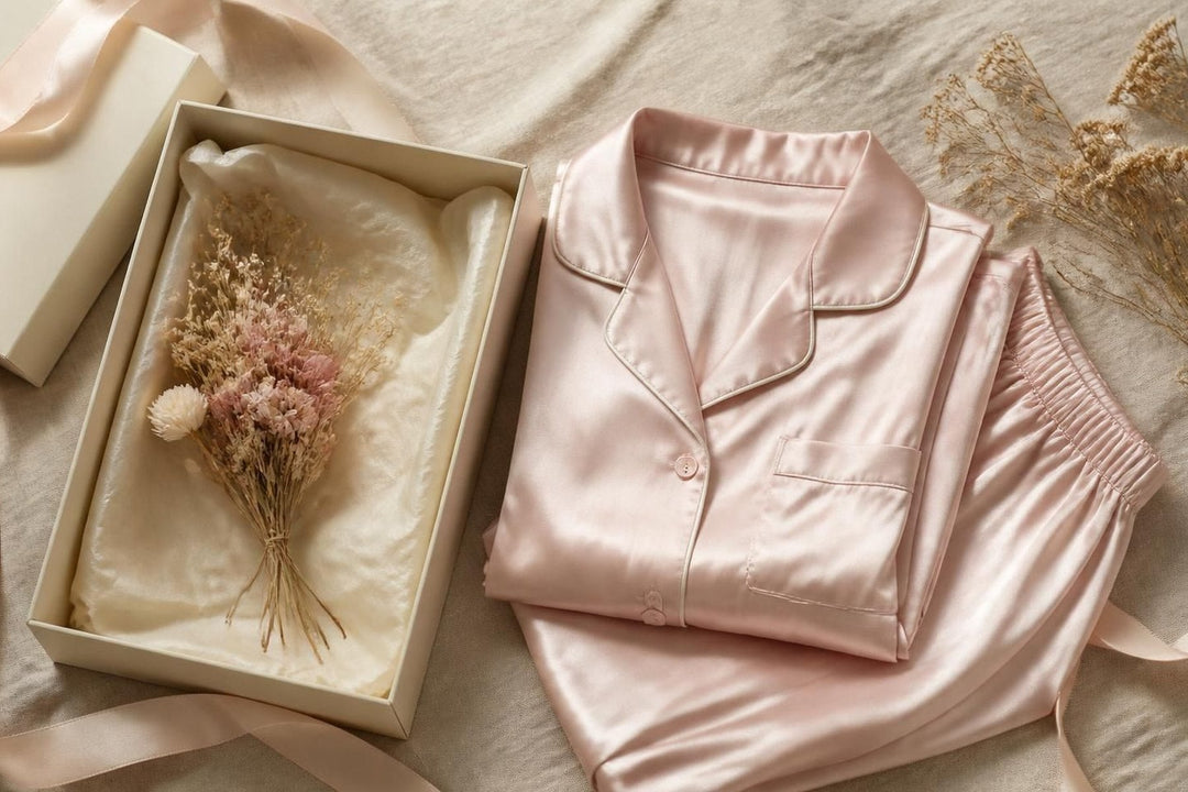 Blush satin pyjamas beside a cream gift box