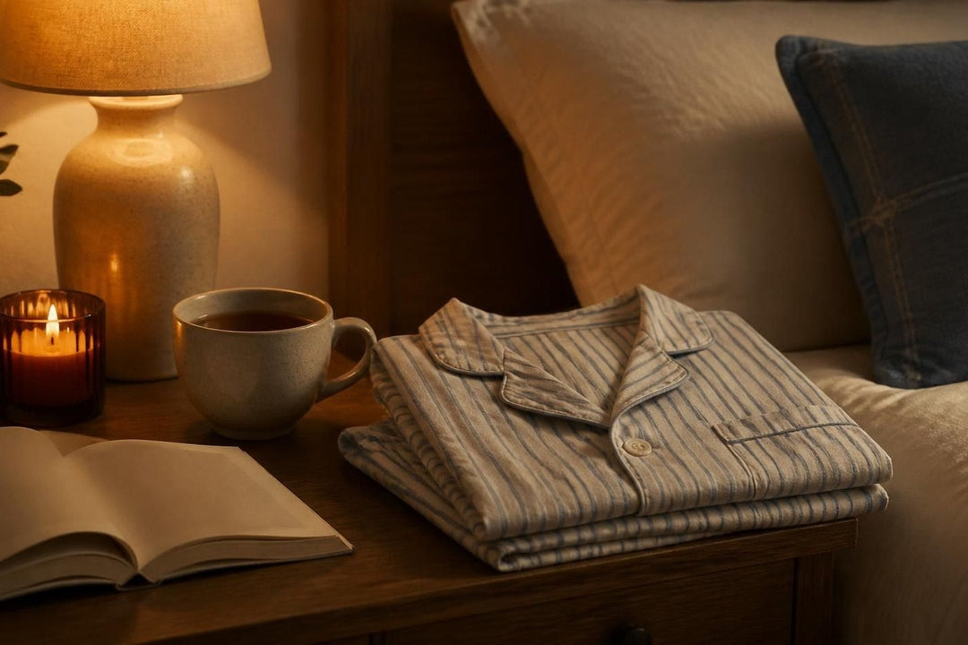 Folded pyjamas, tea and a book by lamp light