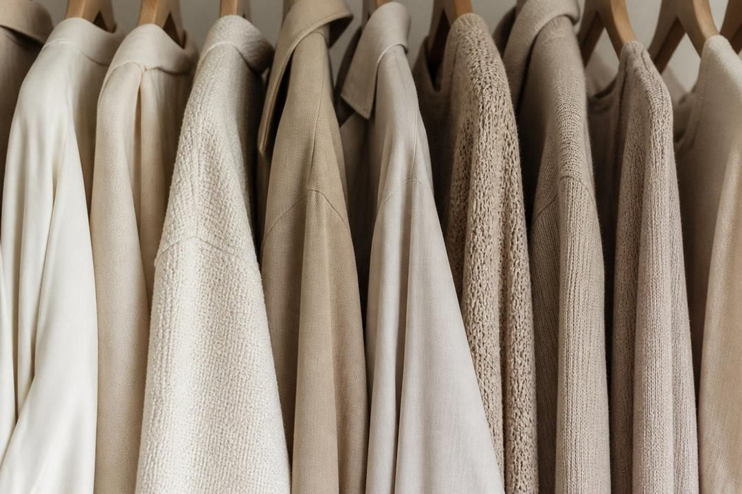 Neutral garments hanging on a brass rail
