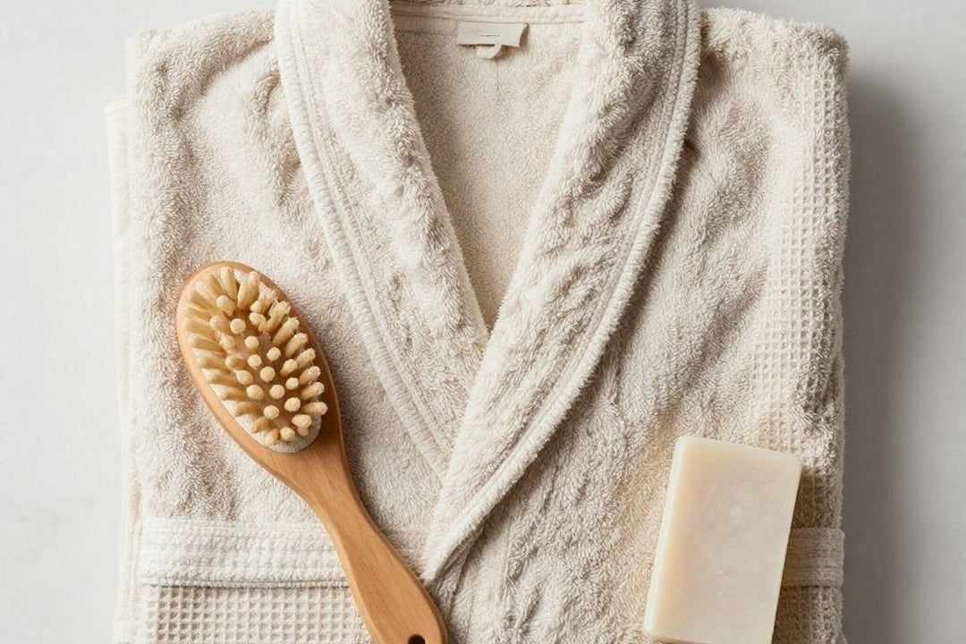 A folded bathrobe with towels, brush and soap