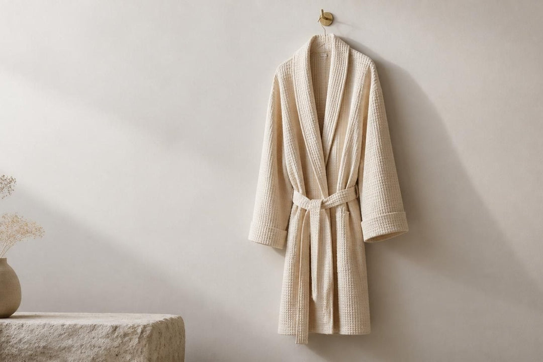 A cream waffle bathrobe on a brass hook