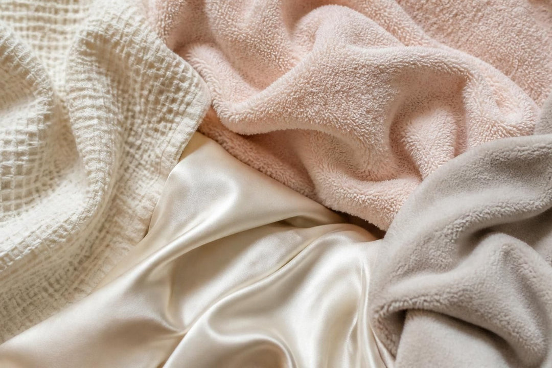 Close detail of waffle, terry and satin robe fabrics