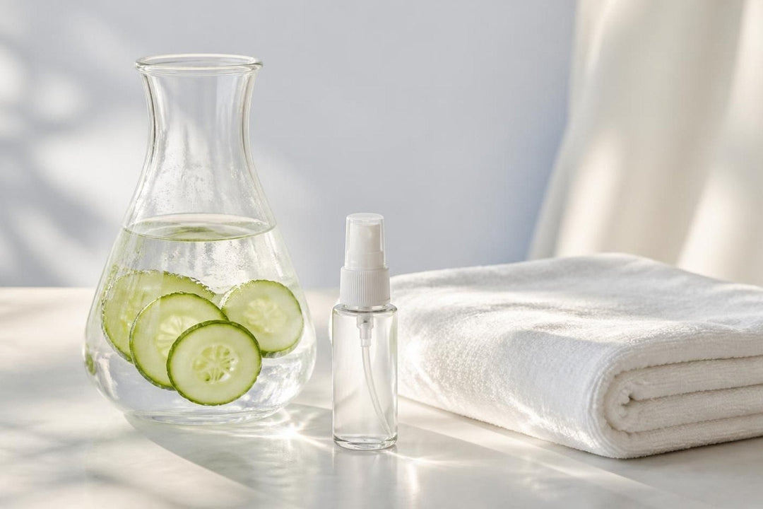 A carafe of cucumber water and a folded towel