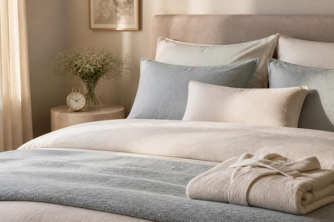 An empty made bed in early morning light