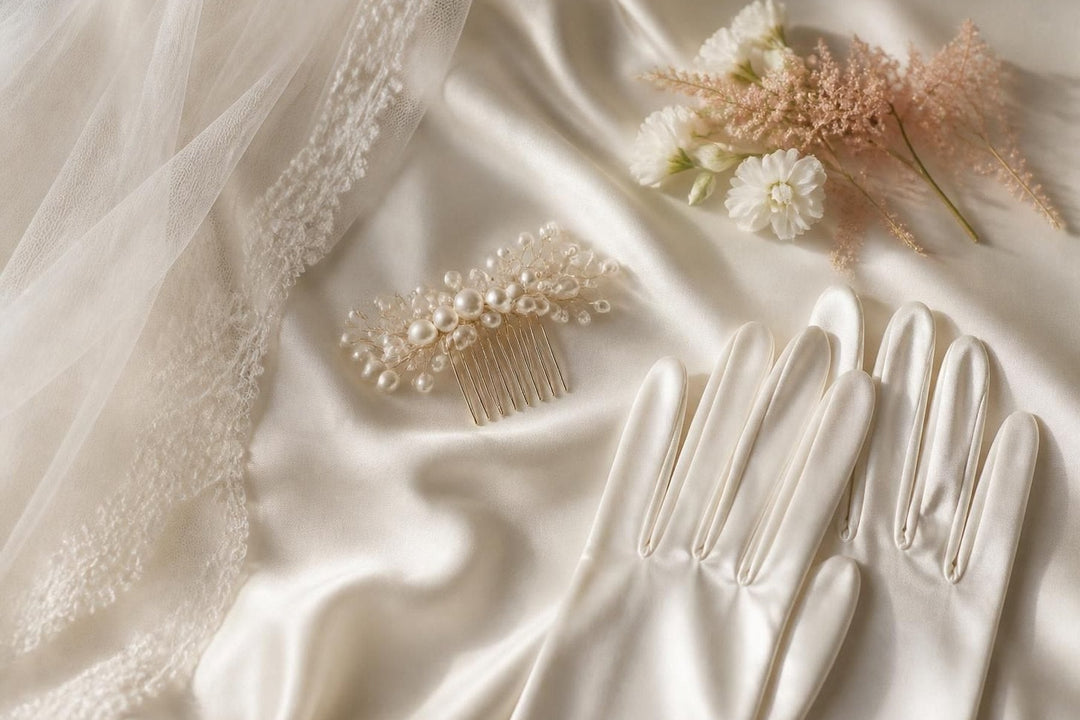 Bridal accessories on ivory silk