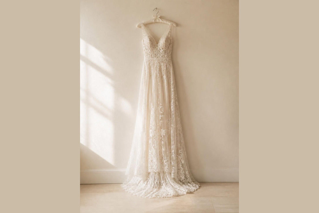 A lace wedding gown hanging against a cream wall