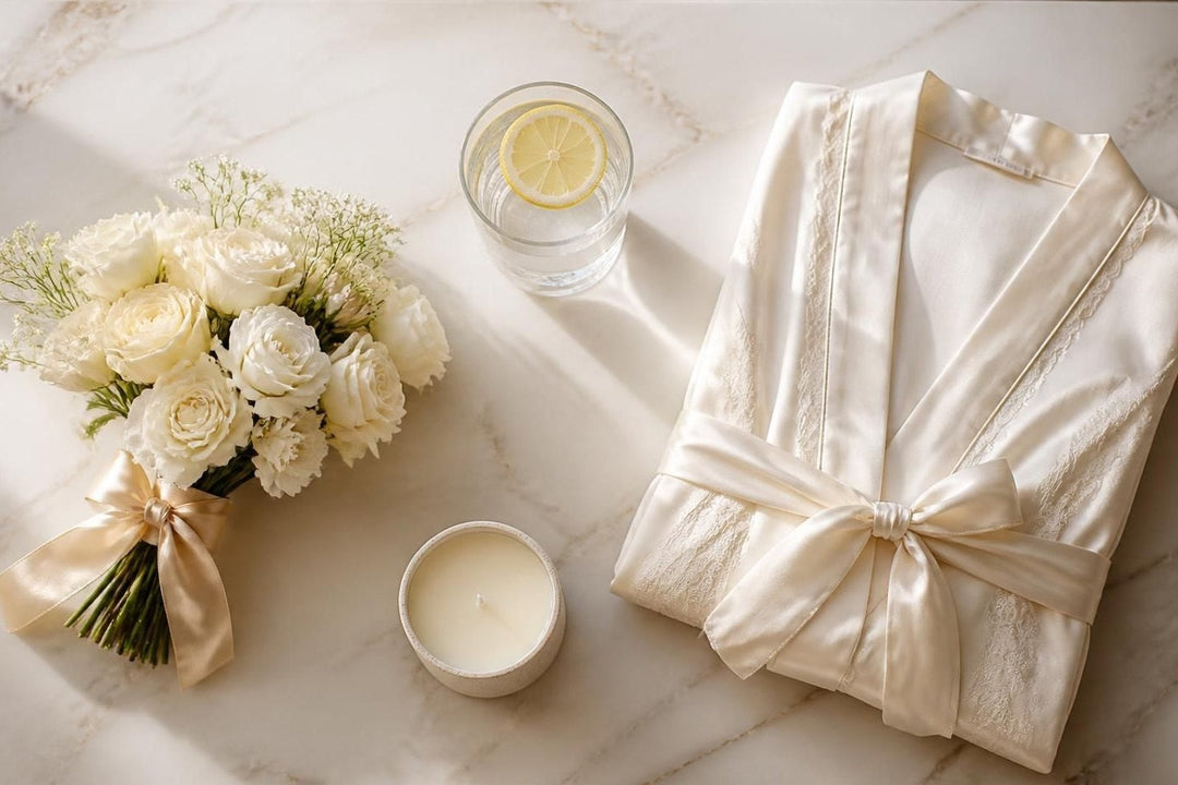 A bridal morning flat lay with bouquet and robe