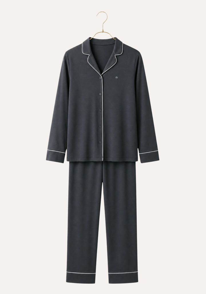 Pajamas: Collar Button Long Sleeve Top And Pants (100% Premium Cotton)