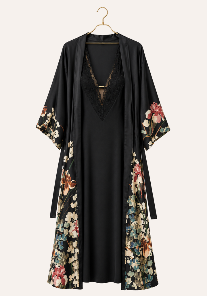 Plain Shoulder Strap Long Nighty And Printed Long Sleeve Long Robe