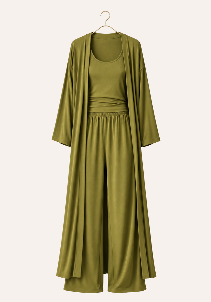 3 Pieces Set: Plain Long Robe And Long Wide-Cut Pants And Wide Shoulder Strap Tank Top