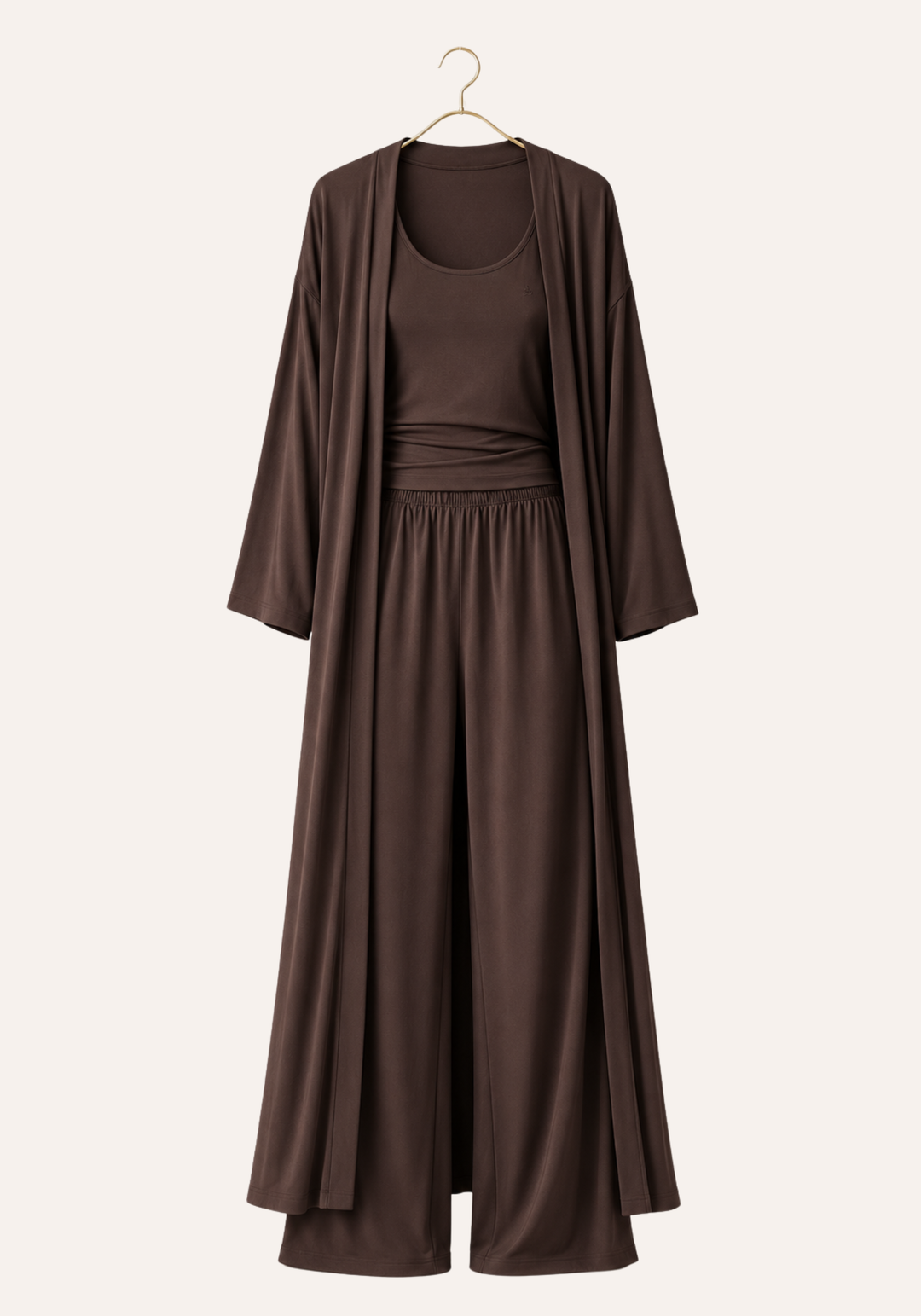 3 Pieces Set: Plain Long Robe And Long Wide-Cut Pants And Wide Shoulder Strap Tank Top