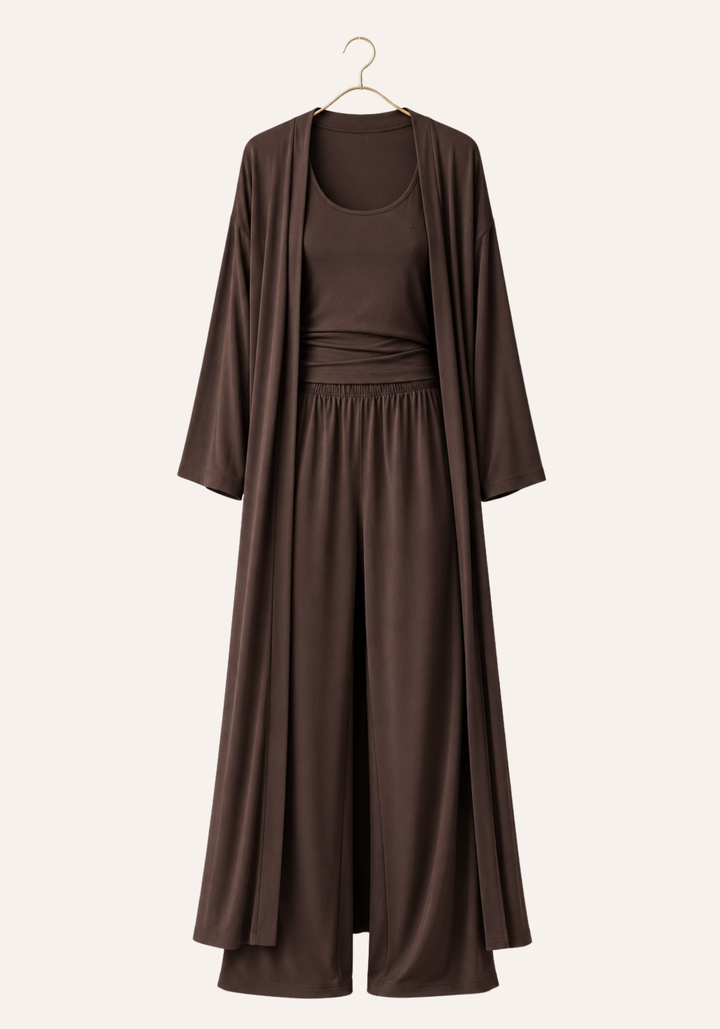 3 Pieces Set: Plain Long Robe And Long Wide-Cut Pants And Wide Shoulder Strap Tank Top