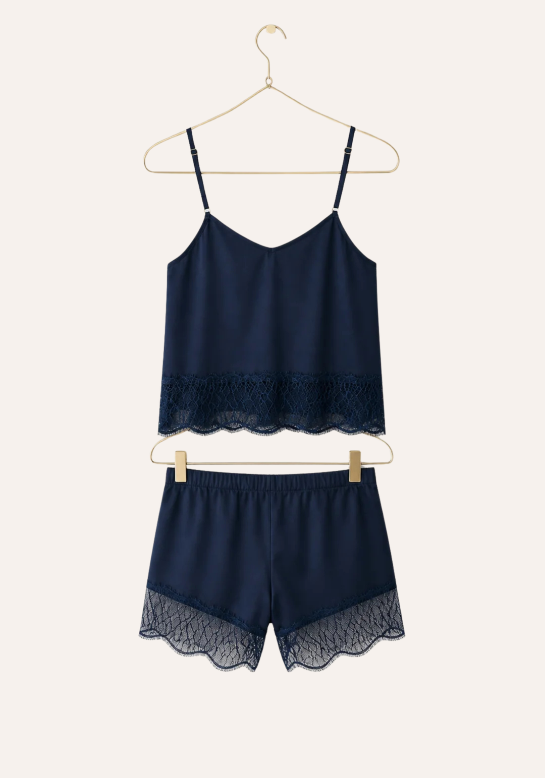 Satin Cami Set: Shoulder Strap Button Top And Shorts With Lace Details