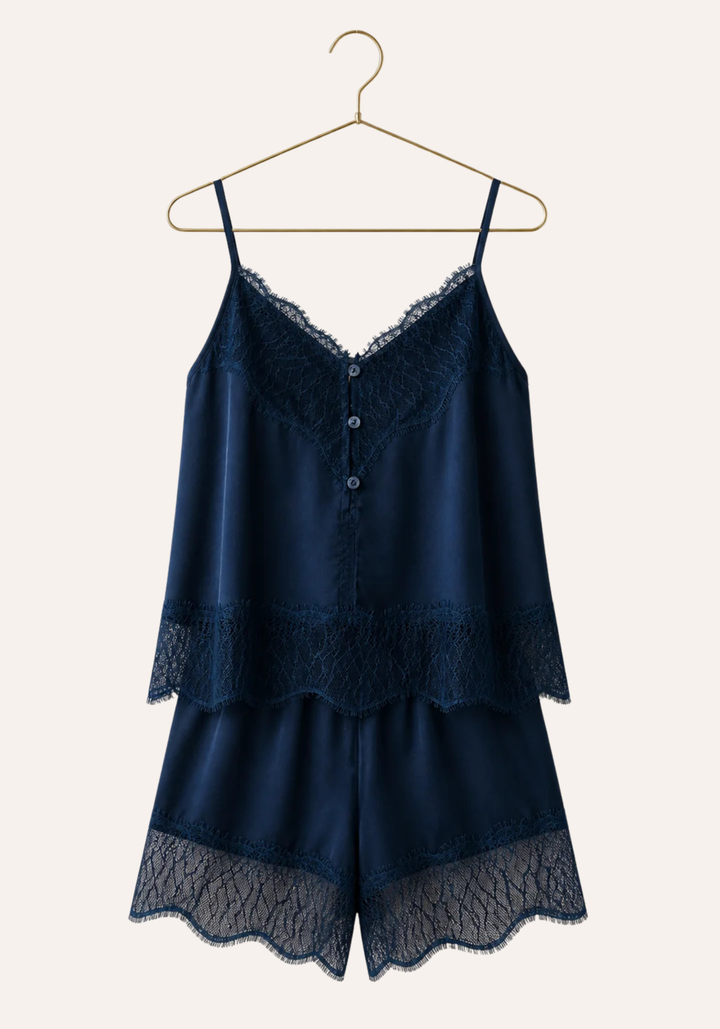 Satin Cami Set: Shoulder Strap Button Top And Shorts With Lace Details