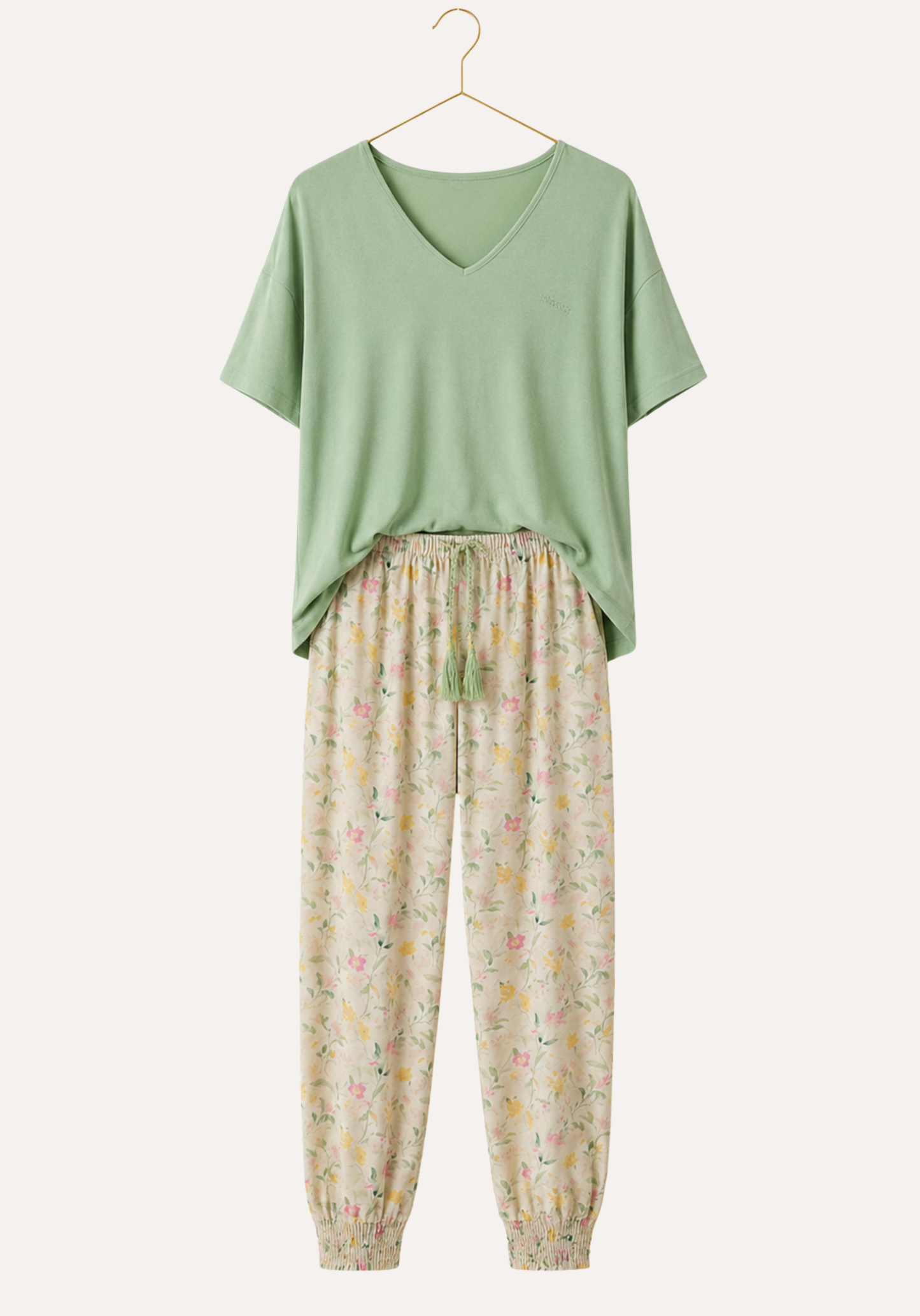 Plain Short Sleeve Top And Floral-Print Pants