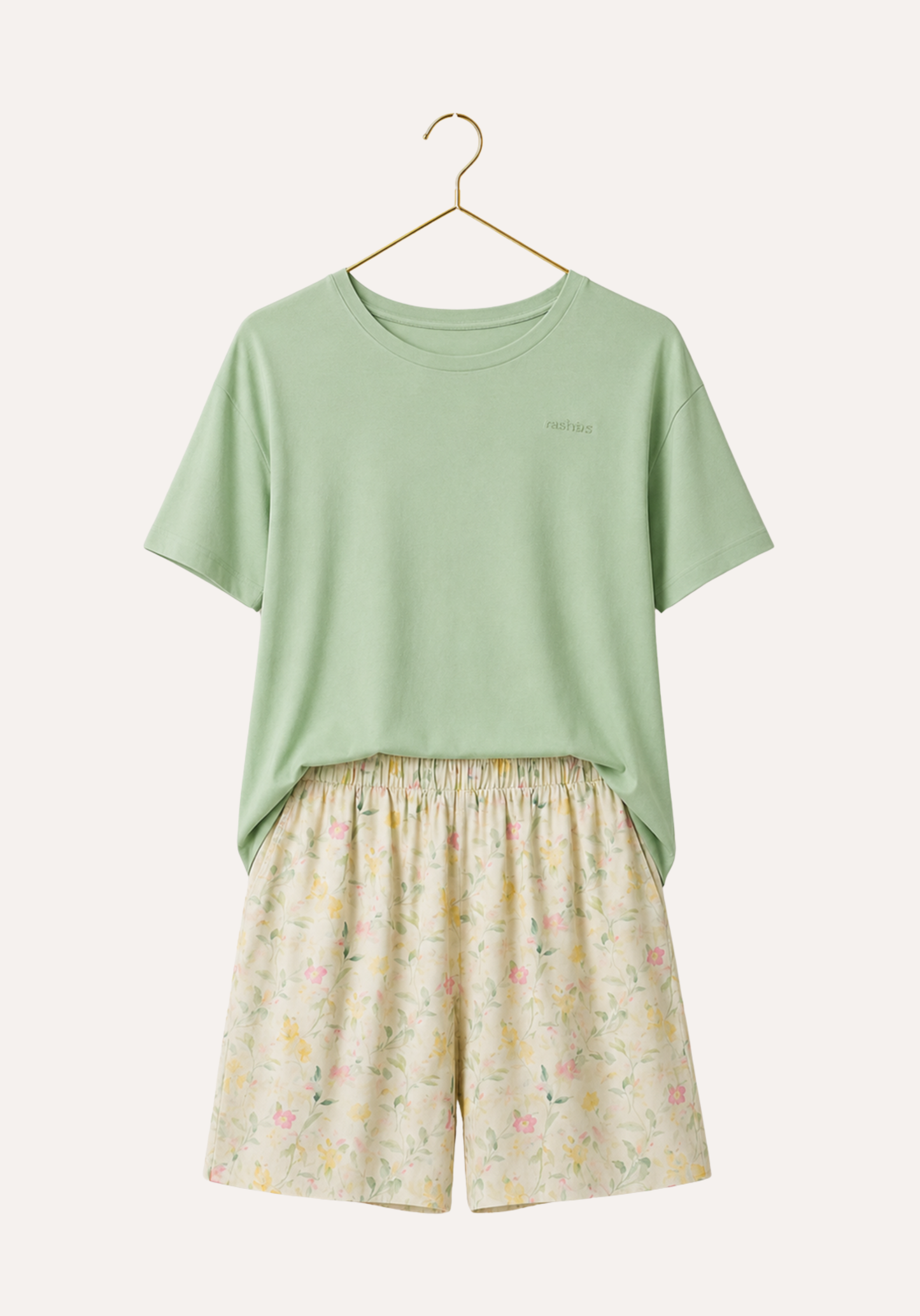 Plain Short Sleeve Top And Floral-Print Shorts