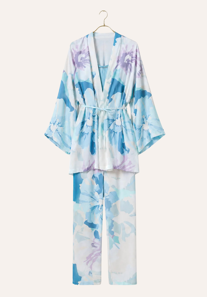 Floral-Print Short Robe And Long Pants And Plain Tank Top