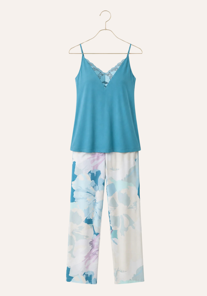 Floral-Print Short Robe And Long Pants And Plain Tank Top