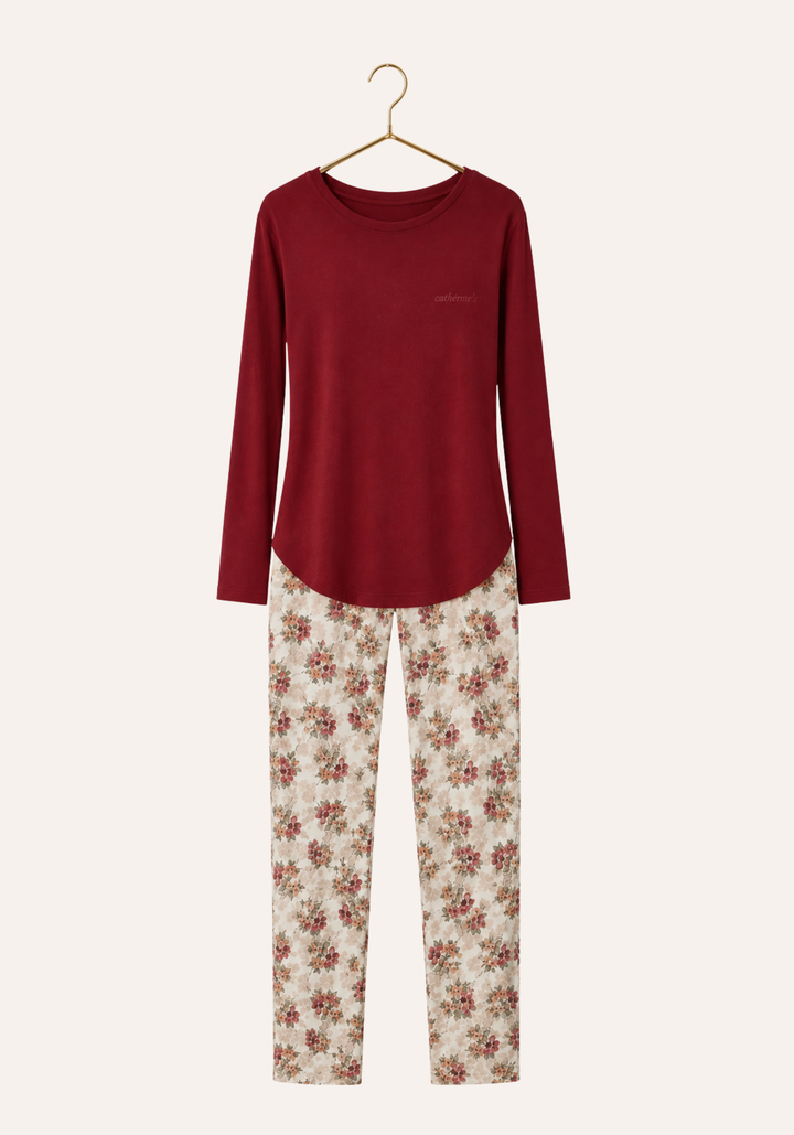 Plain Long Sleeve Top And Floral Print Pant Pajamas