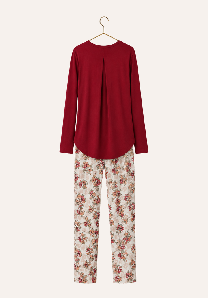 Plain Long Sleeve Top And Floral Print Pant Pajamas
