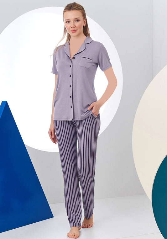 S&L Collar Button Short Sleeve Striped Pajama