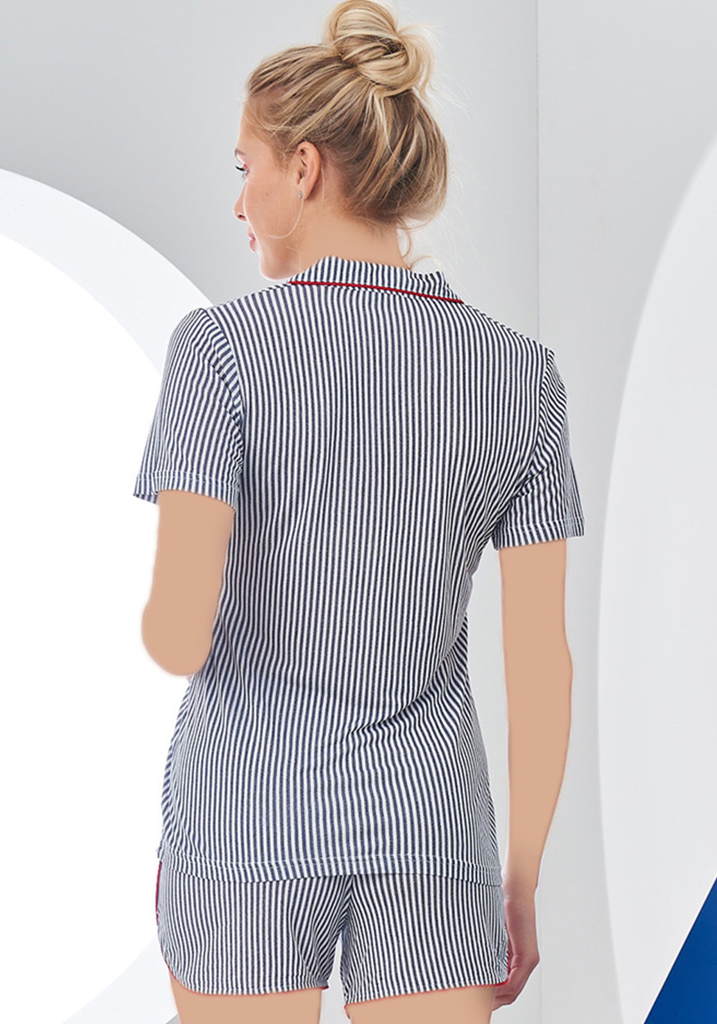 طقم شورت مخطط رمادي بأزرار وياقة من S&amp;L