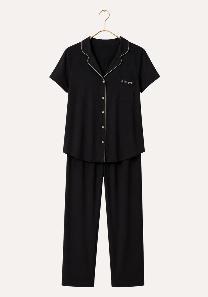 Viscose Lycra Collar Button Short Sleeve Top And Pant Set