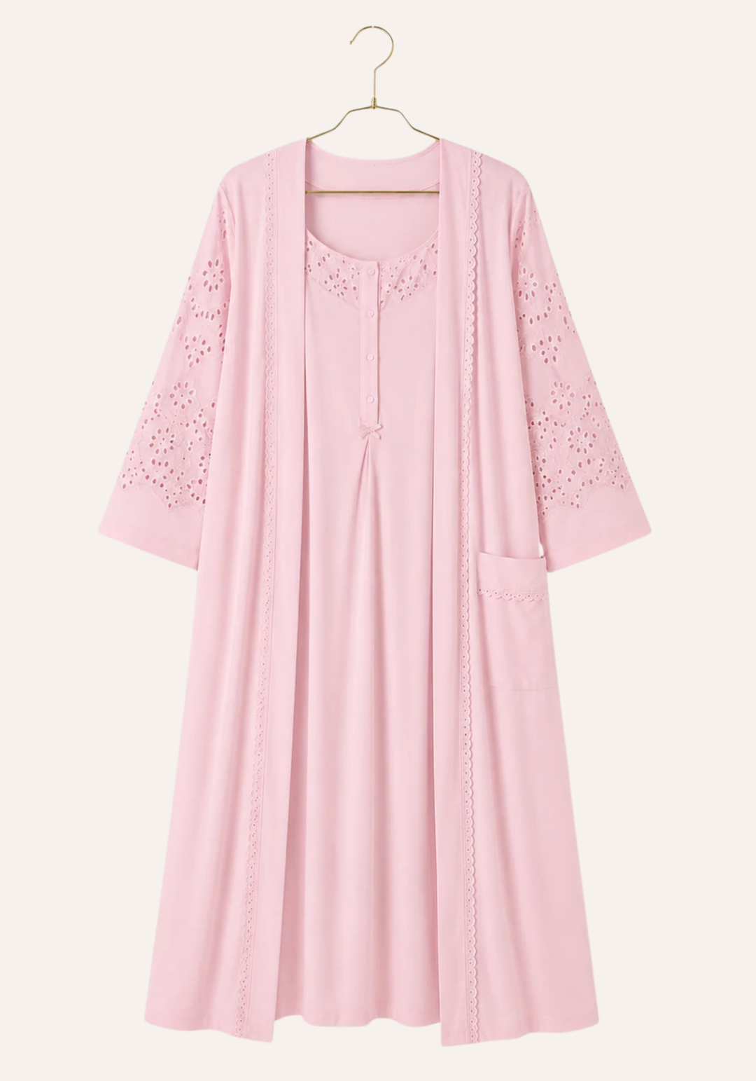 Short Sleeve Buttoned Long Nighty And Long Sleeve Long Robe Set