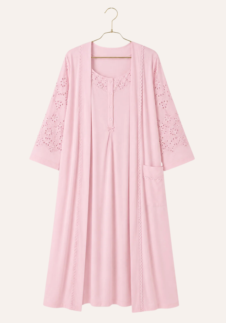 Short Sleeve Buttoned Long Nighty And Long Sleeve Long Robe Set