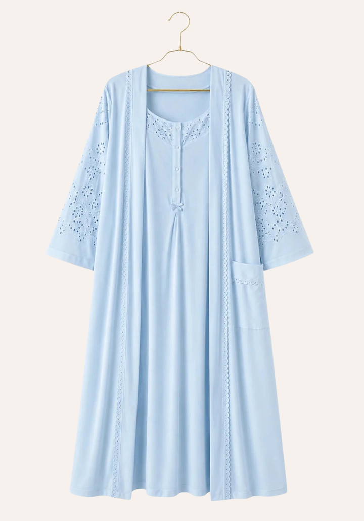 Short Sleeve Buttoned Long Nighty And Long Sleeve Long Robe Set