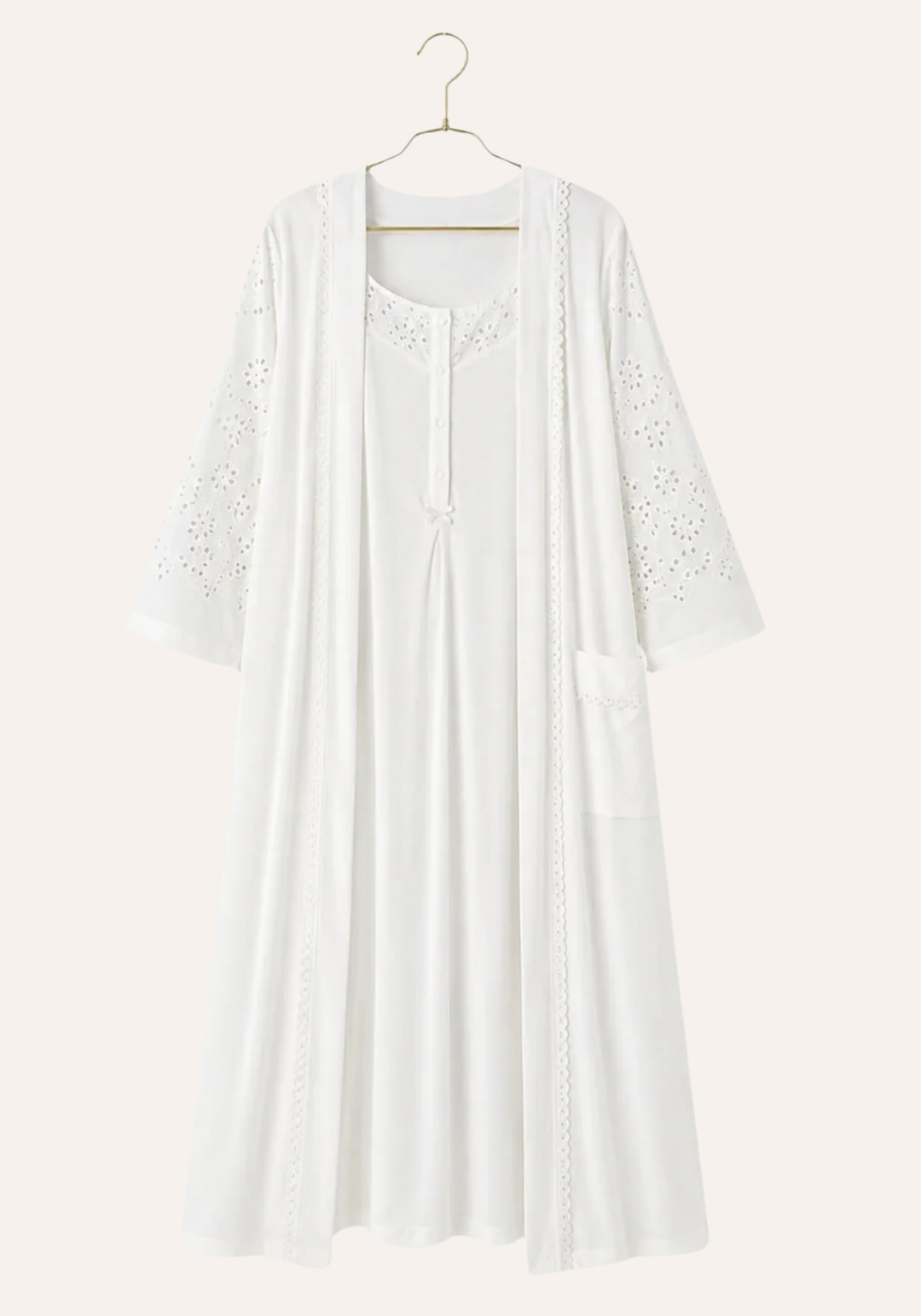 Short Sleeve Buttoned Long Nighty And Long Sleeve Long Robe Set
