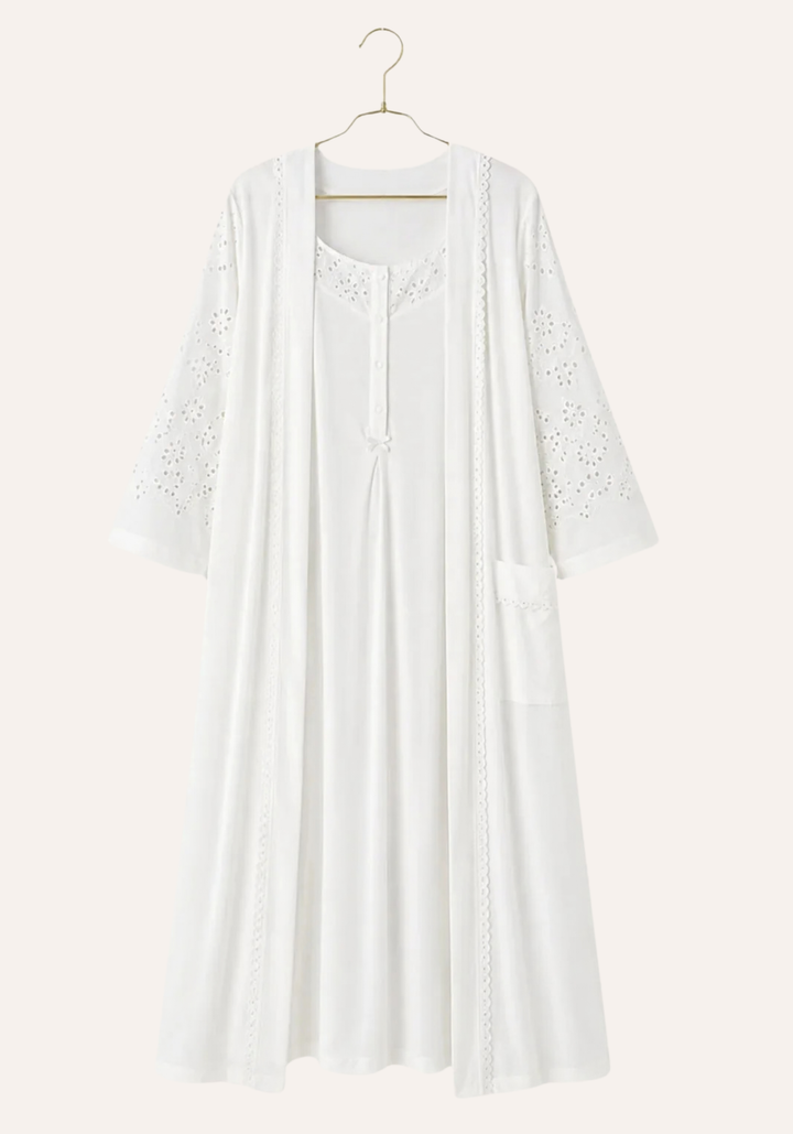 Short Sleeve Buttoned Long Nighty And Long Sleeve Long Robe Set