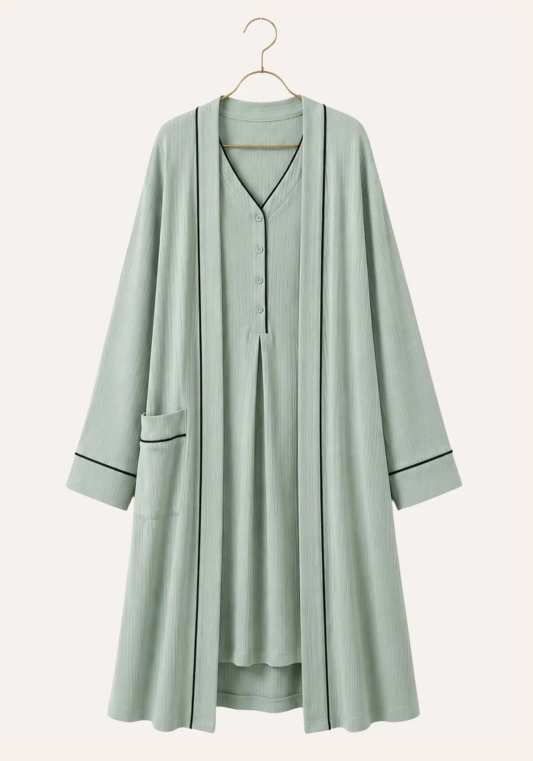 Plain Chords Short Sleeve Long Nighty And Long Sleeve Long Robe Set