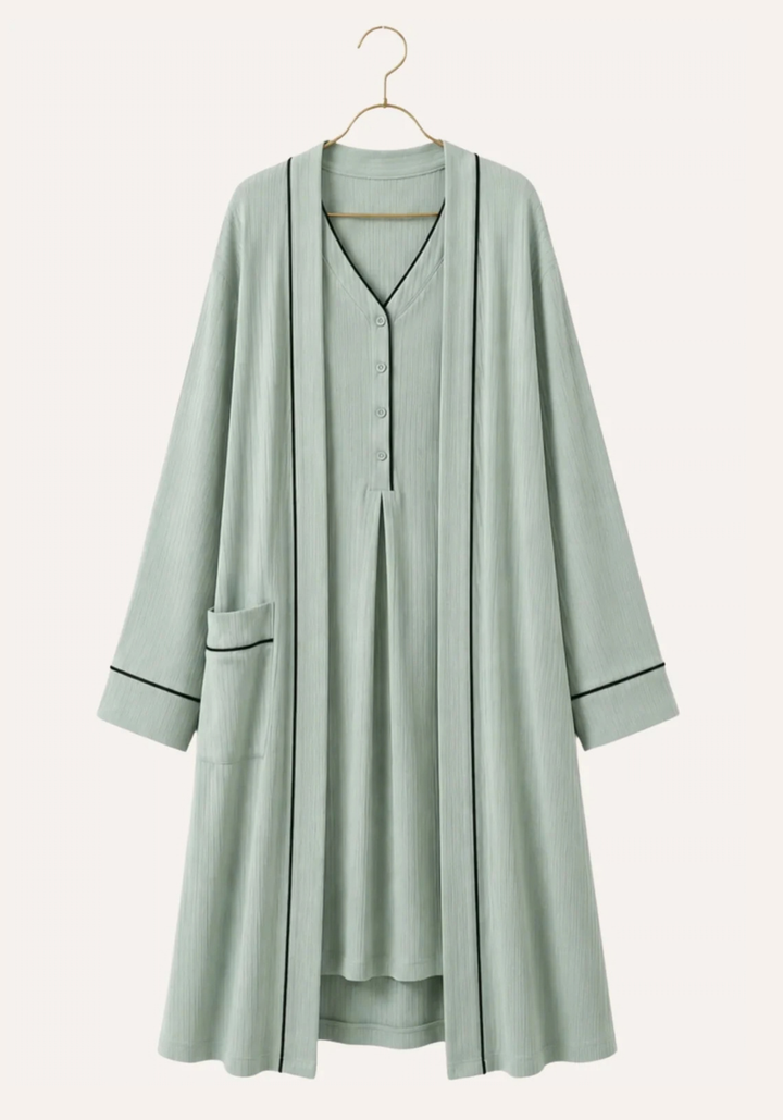 Plain Chords Short Sleeve Long Nighty And Long Sleeve Long Robe Set