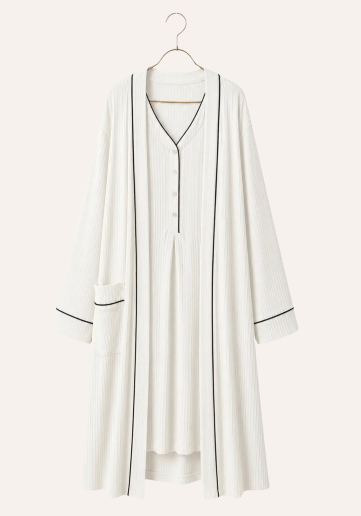 Plain Chords Short Sleeve Long Nighty And Long Sleeve Long Robe Set