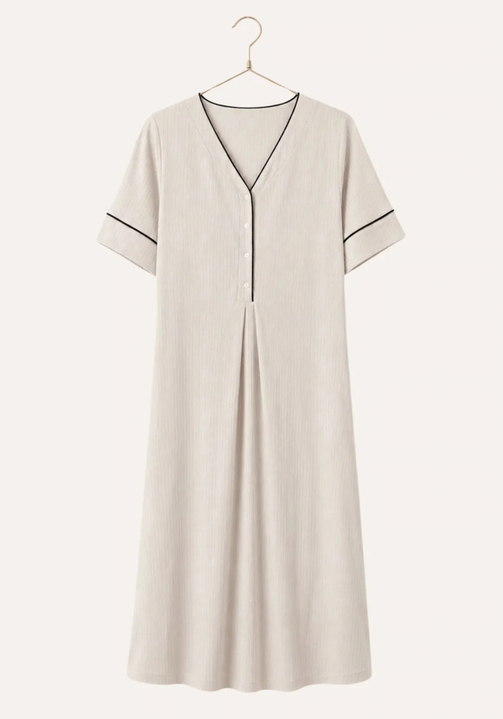 Plain Chords Short Sleeve Long Nighty And Long Sleeve Long Robe Set