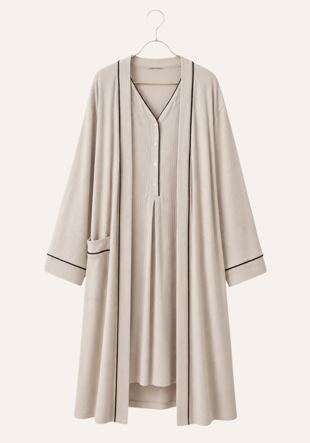 Plain Chords Short Sleeve Long Nighty And Long Sleeve Long Robe Set