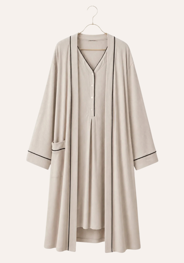 Plain Chords Short Sleeve Long Nighty And Long Sleeve Long Robe Set