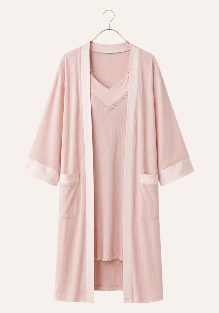 Plain Chords Shoulder Strap Nighty And Long Sleeve Robe Set