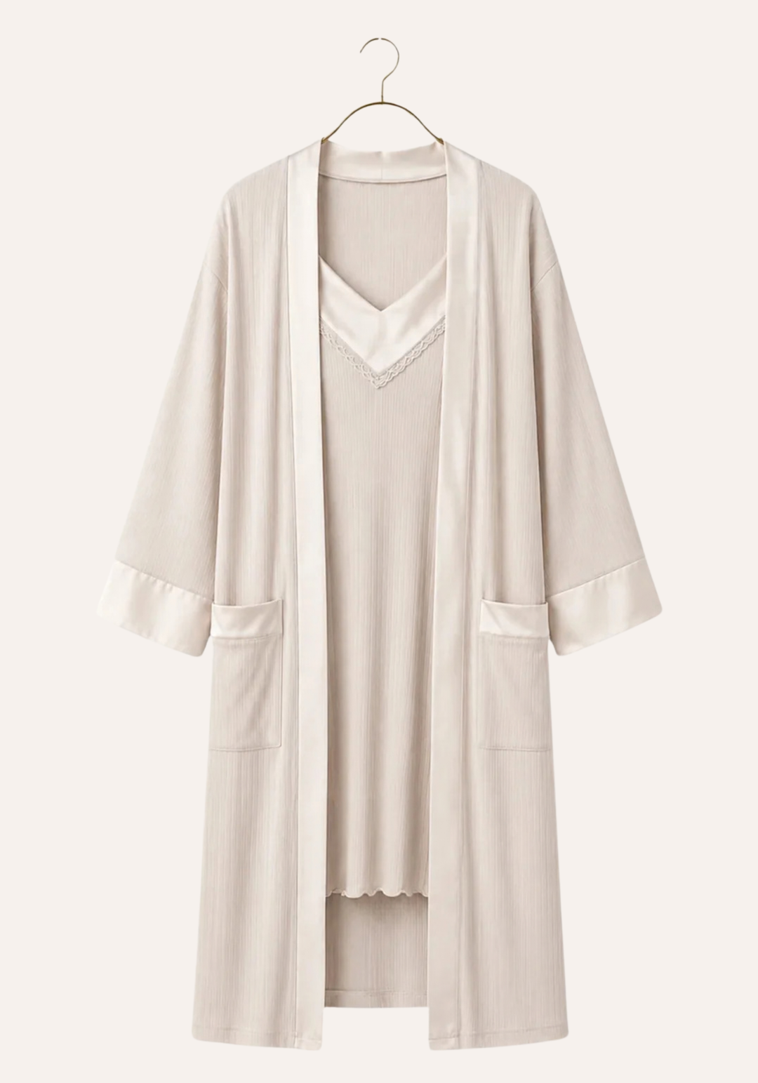 Plain Chords Shoulder Strap Nighty And Long Sleeve Robe Set