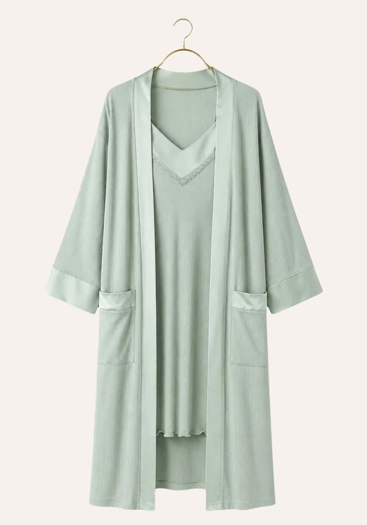 Plain Chords Shoulder Strap Nighty And Long Sleeve Robe Set