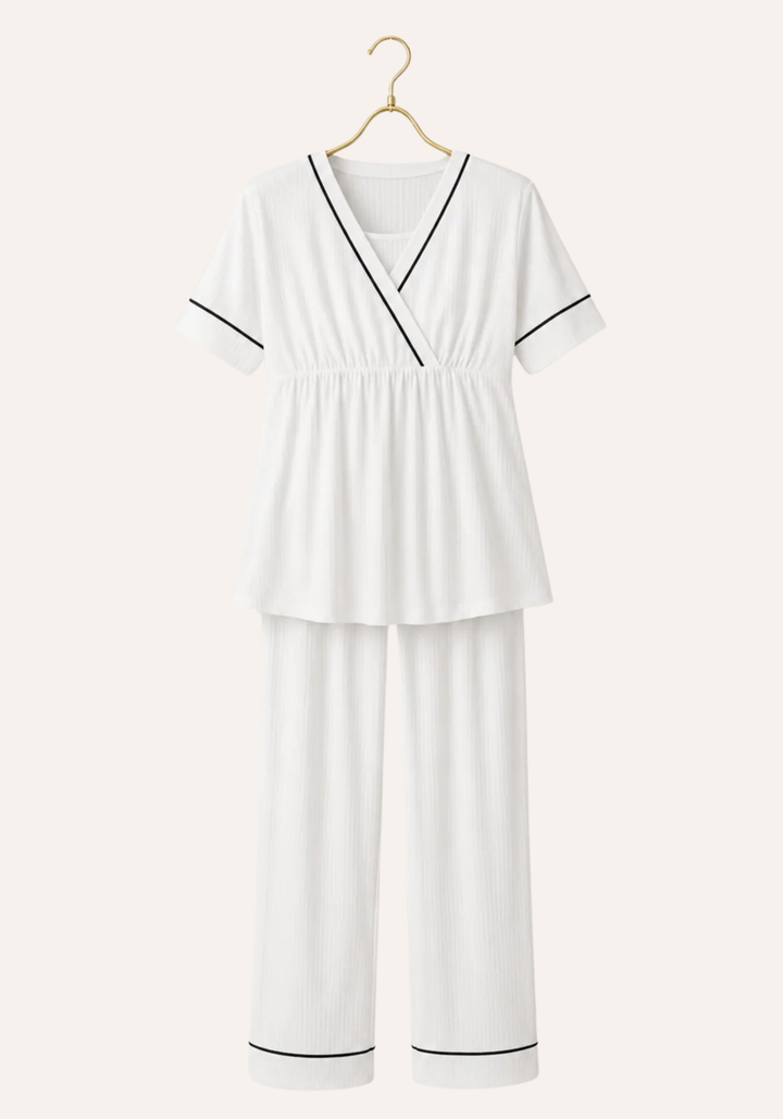 Plain Chords Short Sleeve Pajama And Robe Set