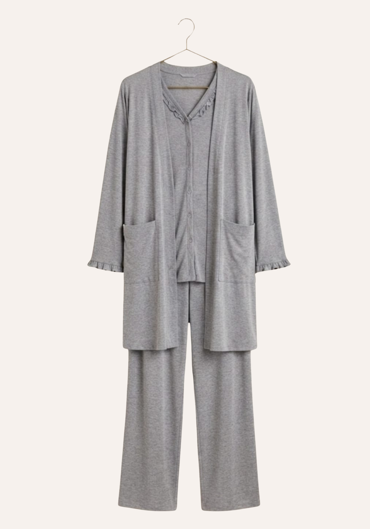 Buttoned Short Sleeve Top - Pant - Robe Set