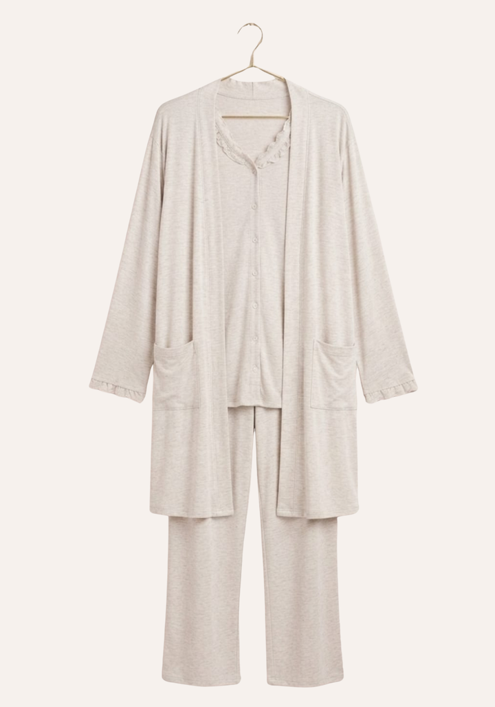 Buttoned Short Sleeve Top - Pant - Robe Set
